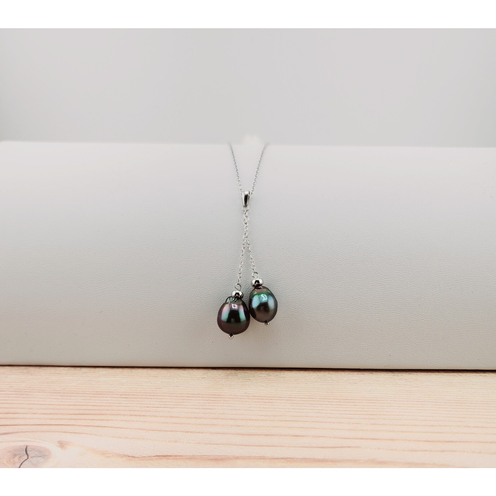 Sterling Silver 8-10mm Black Off-Shape Tahitian Cultured 2 Pearl Necklace 18"